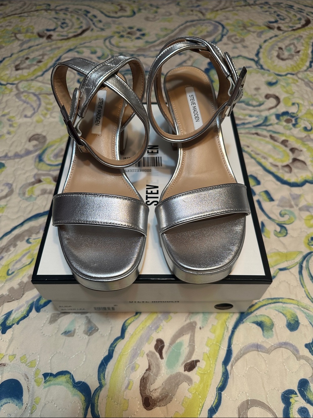 Steve Madden Metallic Silver leather Ankle-Strap Platform Sandals